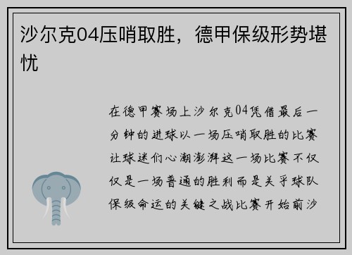沙尔克04压哨取胜，德甲保级形势堪忧