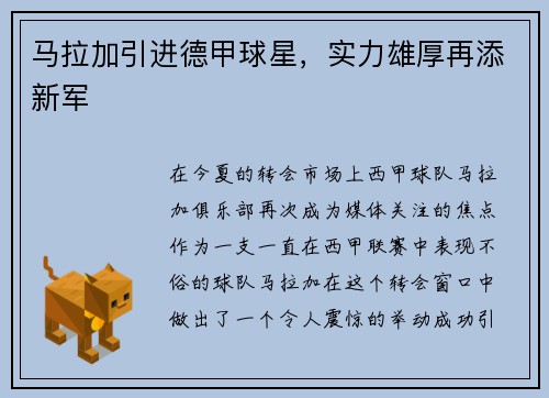 马拉加引进德甲球星，实力雄厚再添新军